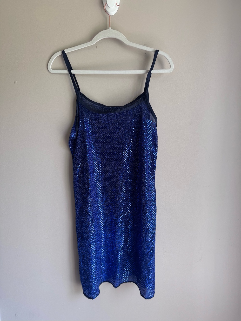 Blue Sequin Semi Sheer Slip Mini Dress Party New Years Spaghetti Strap S M - Picture 5 of 8